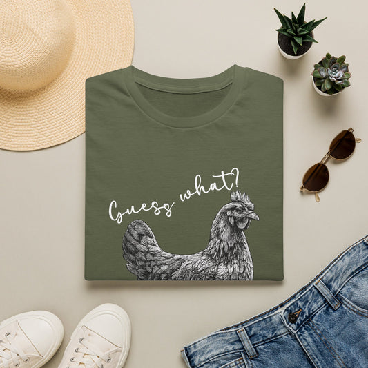 Chicken Graphic T-Shirt – "Guess What?" Farmhouse Hen Tee