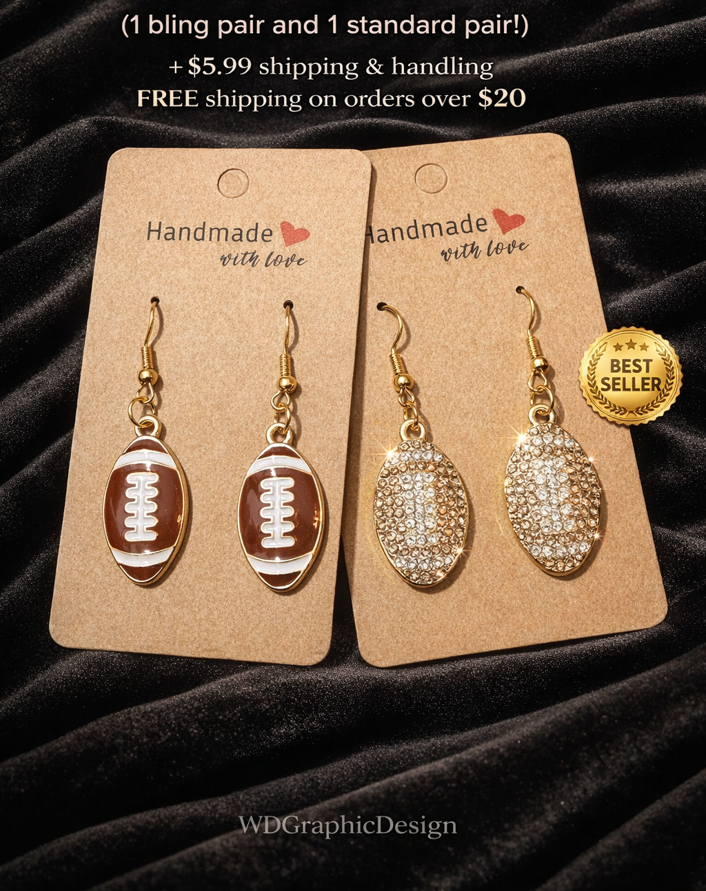 Football earring set 1 Bling pair -&- 1 standard pair