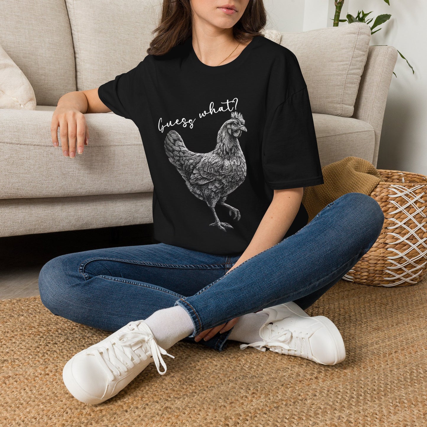 Chicken Graphic T-Shirt – "Guess What?" Farmhouse Hen Tee