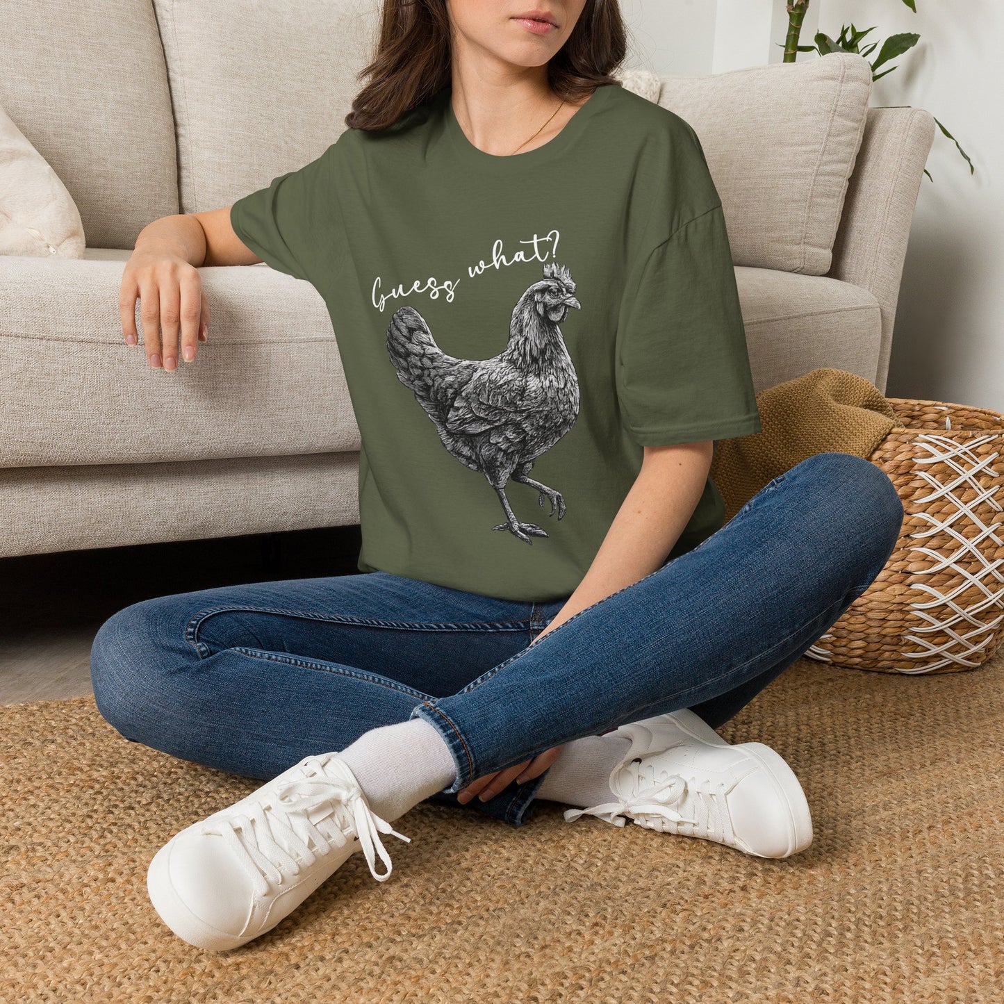 Chicken Graphic T-Shirt – "Guess What?" Farmhouse Hen Tee
