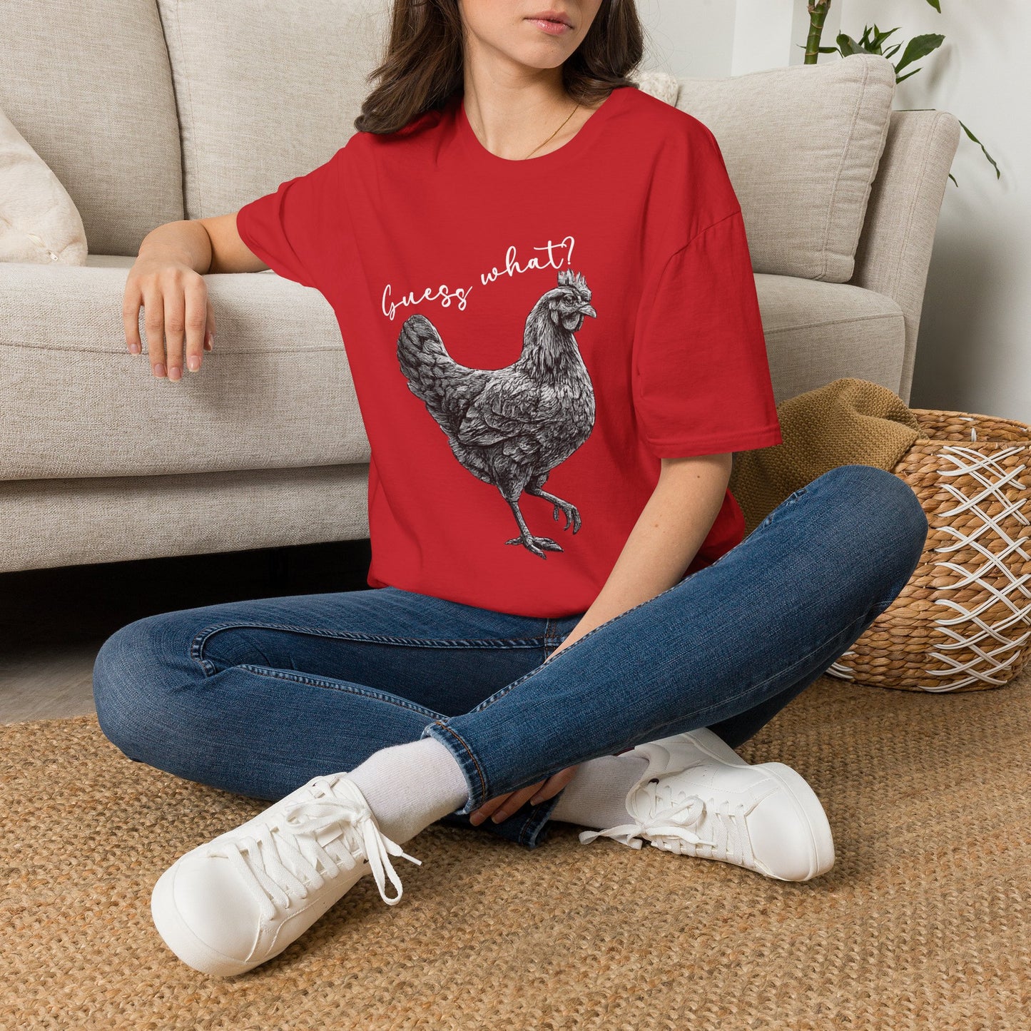 Chicken Graphic T-Shirt – "Guess What?" Farmhouse Hen Tee