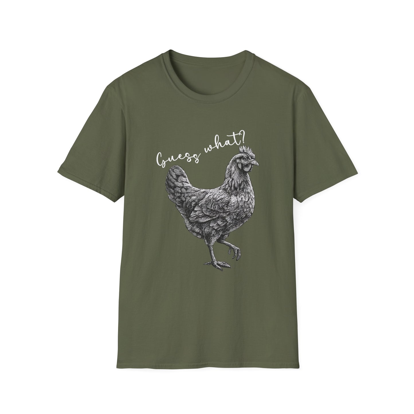Chicken Graphic T-Shirt – "Guess What?" Farmhouse Hen Tee