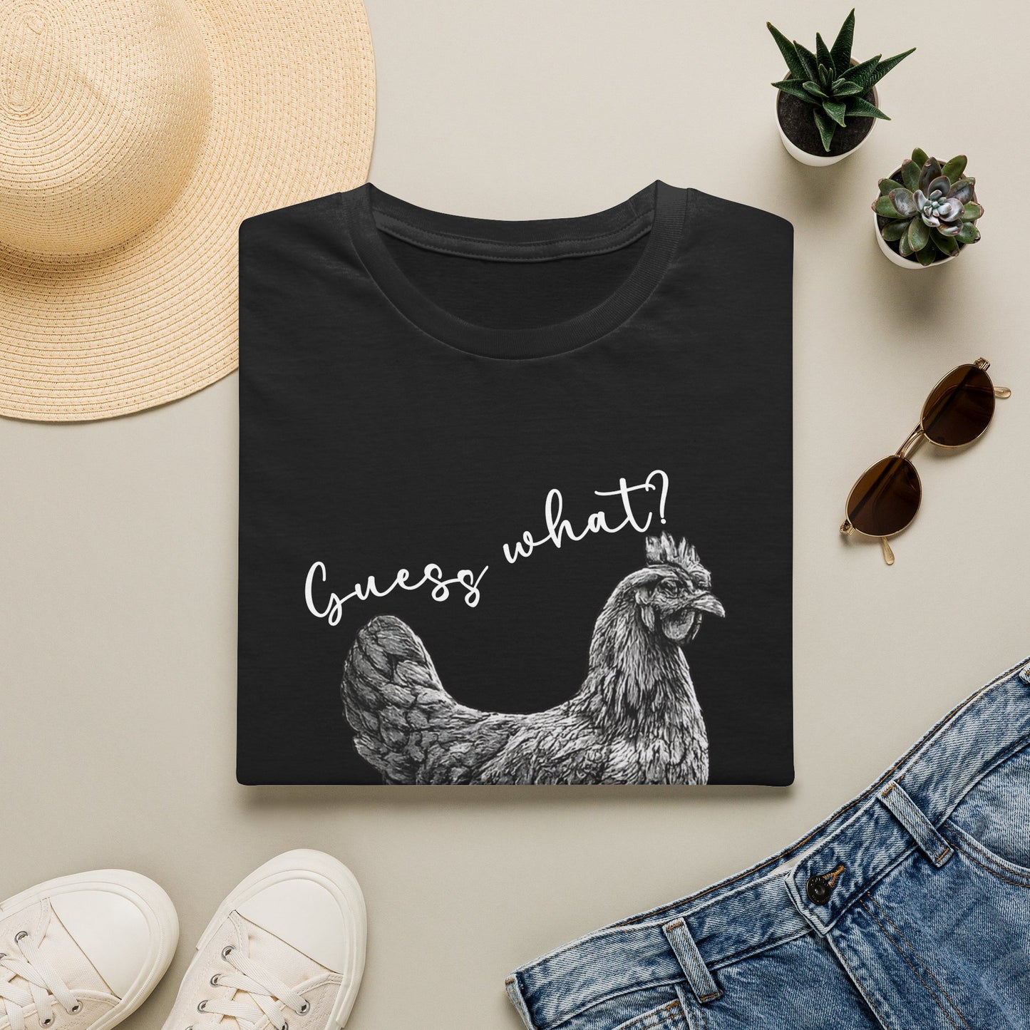 Chicken Graphic T-Shirt – "Guess What?" Farmhouse Hen Tee